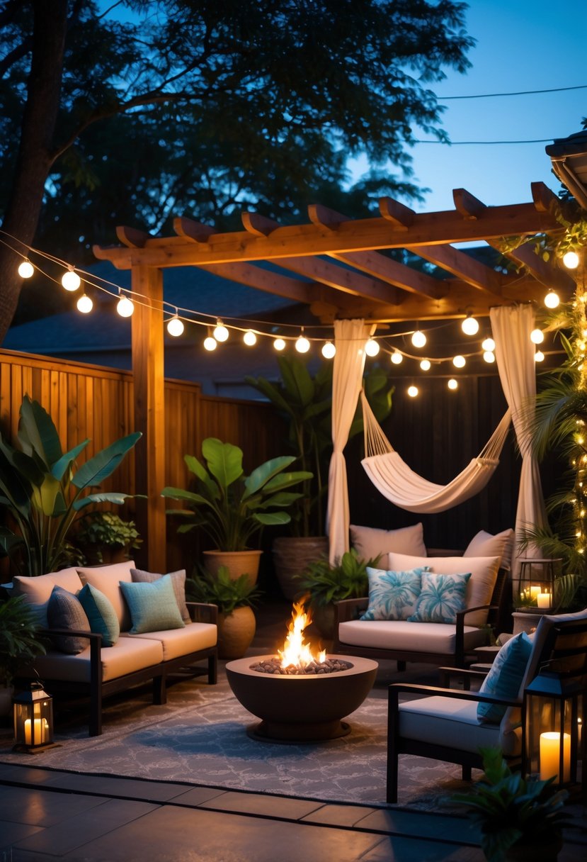 A backyard at dusk with string and lantern lights illuminating outdoor seating, plants, a fire pit, a hammock, and a dining area.