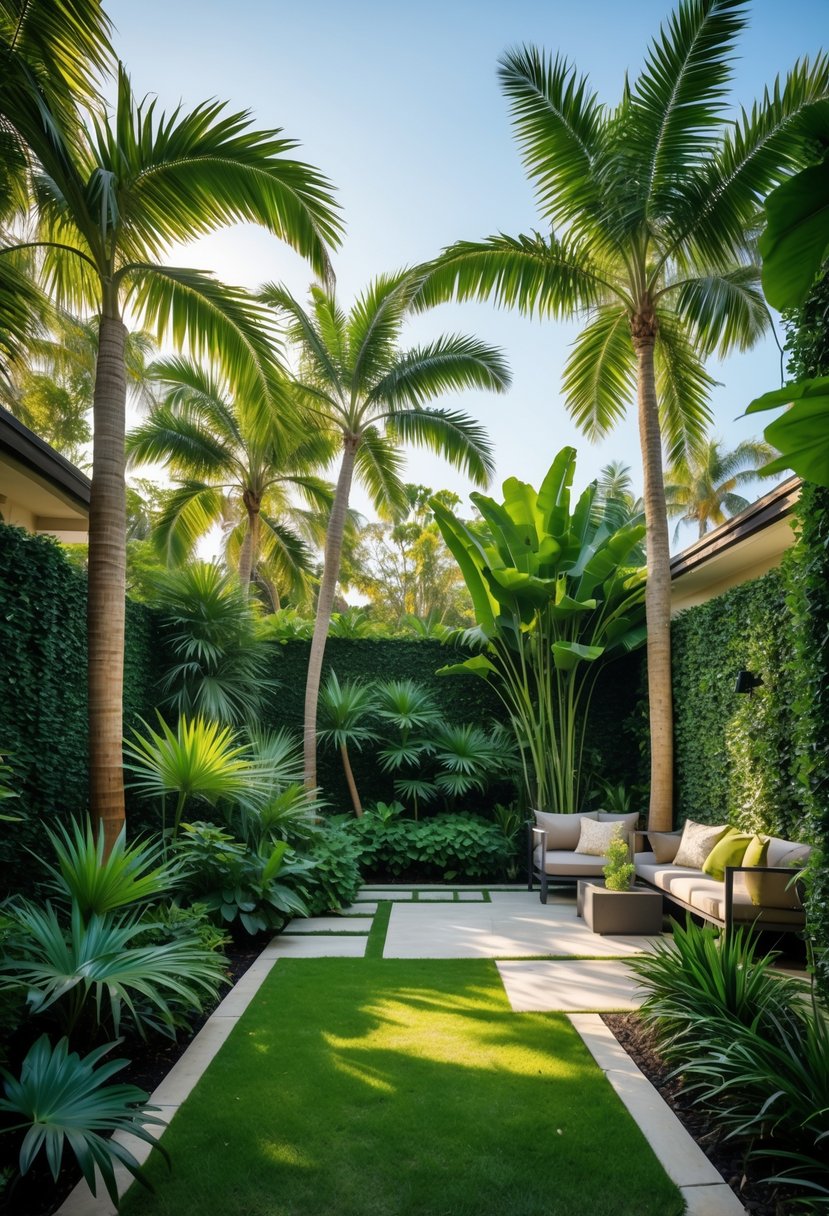 A backyard with tall palm trees and dense green plants creating a private, peaceful outdoor space with seating.