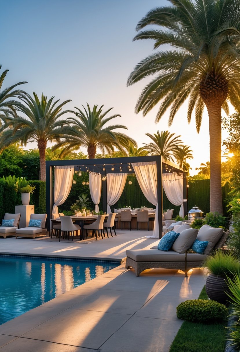 A backyard with a swimming pool, lounge chairs, palm trees, an outdoor dining area under a pergola, and a fire pit surrounded by seating.
