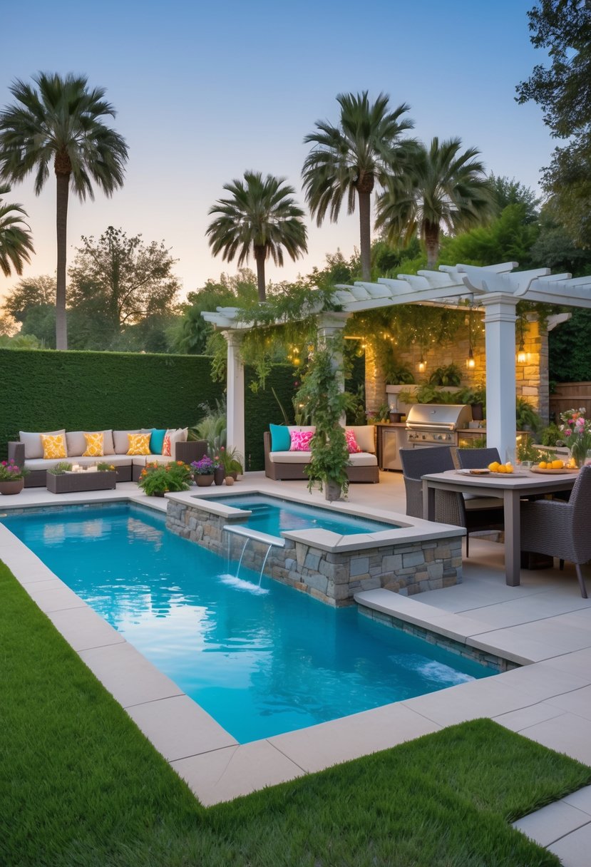 A backyard with a swimming pool, outdoor seating area, fire pit, garden, and dining space surrounded by greenery and palm trees.