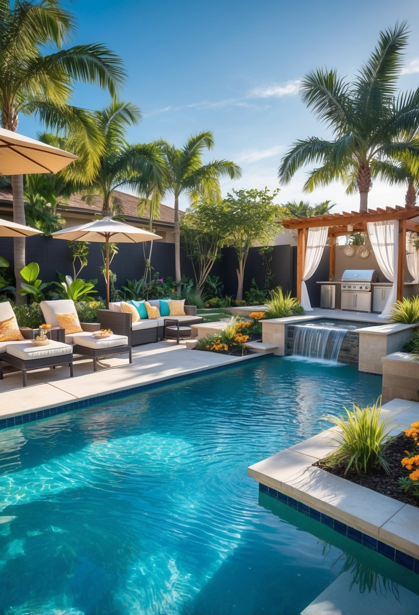 A backyard with a swimming pool, lounge chairs, outdoor seating with a fire pit, tropical plants, an outdoor kitchen, a wooden pergola, and a small waterfall under a sunny sky.