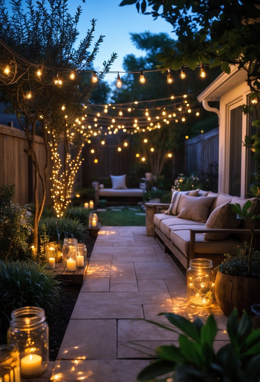 8 Budget-Friendly Backyard Lighting Hacks That Look Expensive 2 A backyard at twilight with various creative lights including string lights, lanterns, mason jars, candles, and spotlights illuminating a cozy seating area and garden.