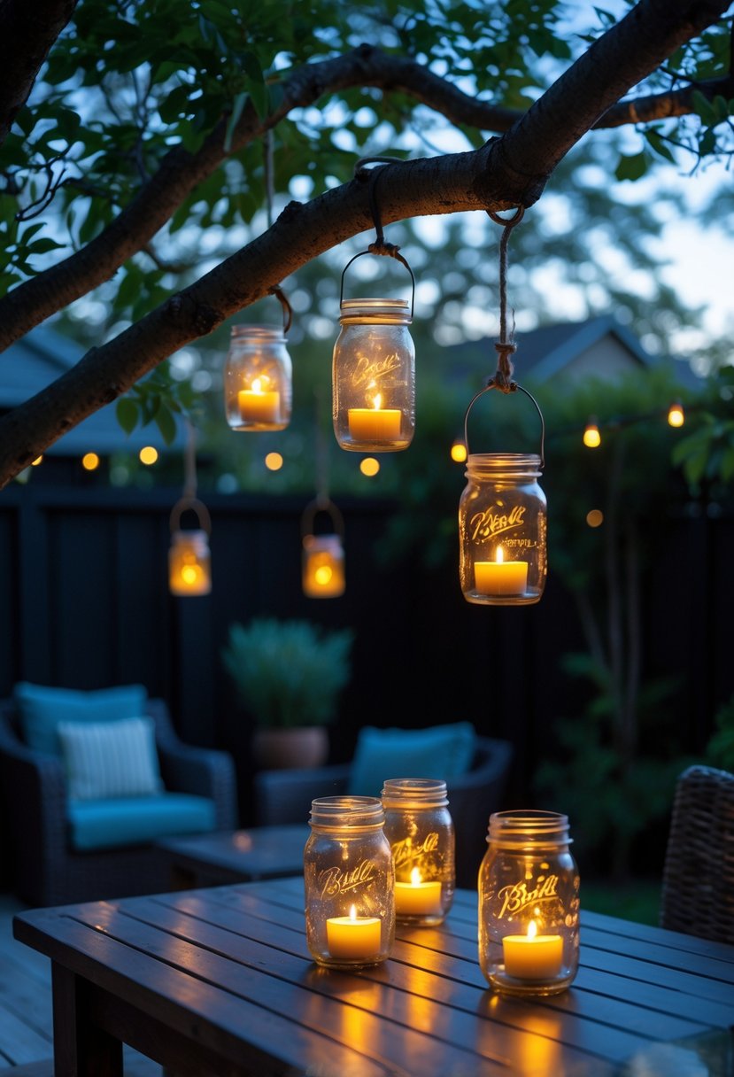 8 Budget-Friendly Backyard Lighting Hacks That Look Expensive 4 A backyard at dusk with Mason jar lanterns hanging from tree branches and placed on a table, glowing softly with battery-operated tealights.