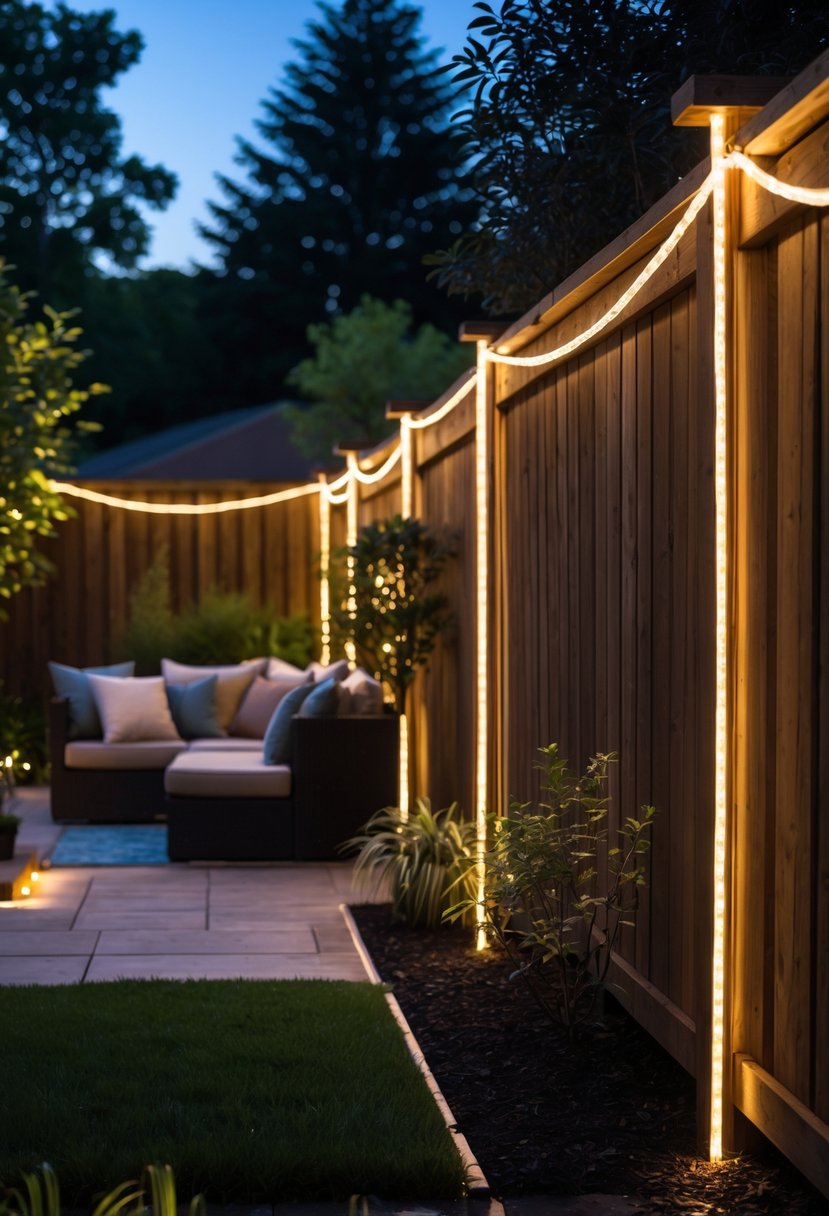 8 Budget-Friendly Backyard Lighting Hacks That Look Expensive 5 Backyard at dusk with rope lighting along wooden fences and outdoor seating surrounded by plants.