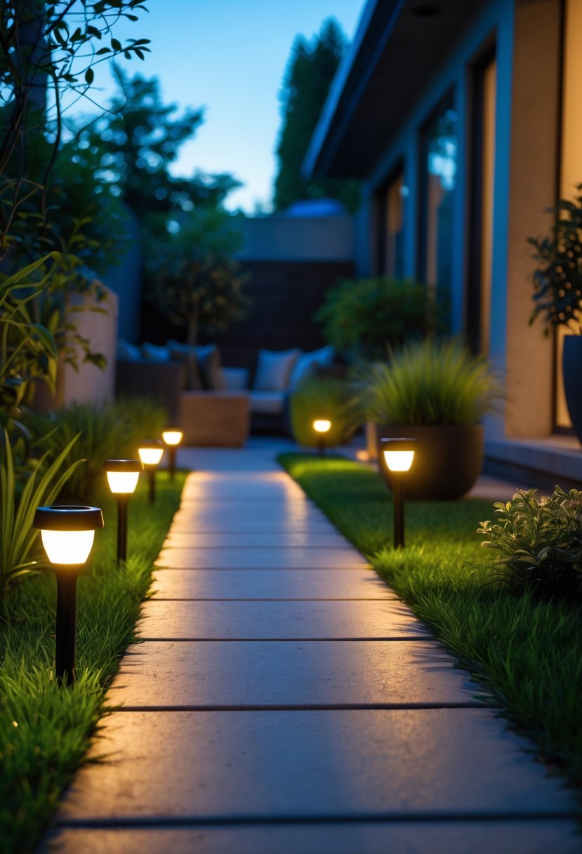8 Budget-Friendly Backyard Lighting Hacks That Look Expensive 6 A backyard walkway lit by solar-powered stake lights with grass and plants along the path at dusk.
