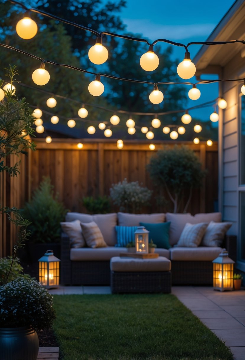 8 Budget-Friendly Backyard Lighting Hacks That Look Expensive 7 Backyard at twilight with globe string lights hanging overhead, outdoor seating, and plants creating a warm and inviting atmosphere.