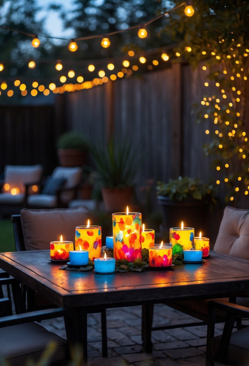 8 Budget-Friendly Backyard Lighting Hacks That Look Expensive 10 A backyard table with flameless candles surrounded by colorful fire glass, softly lit in the evening with outdoor chairs and plants nearby.