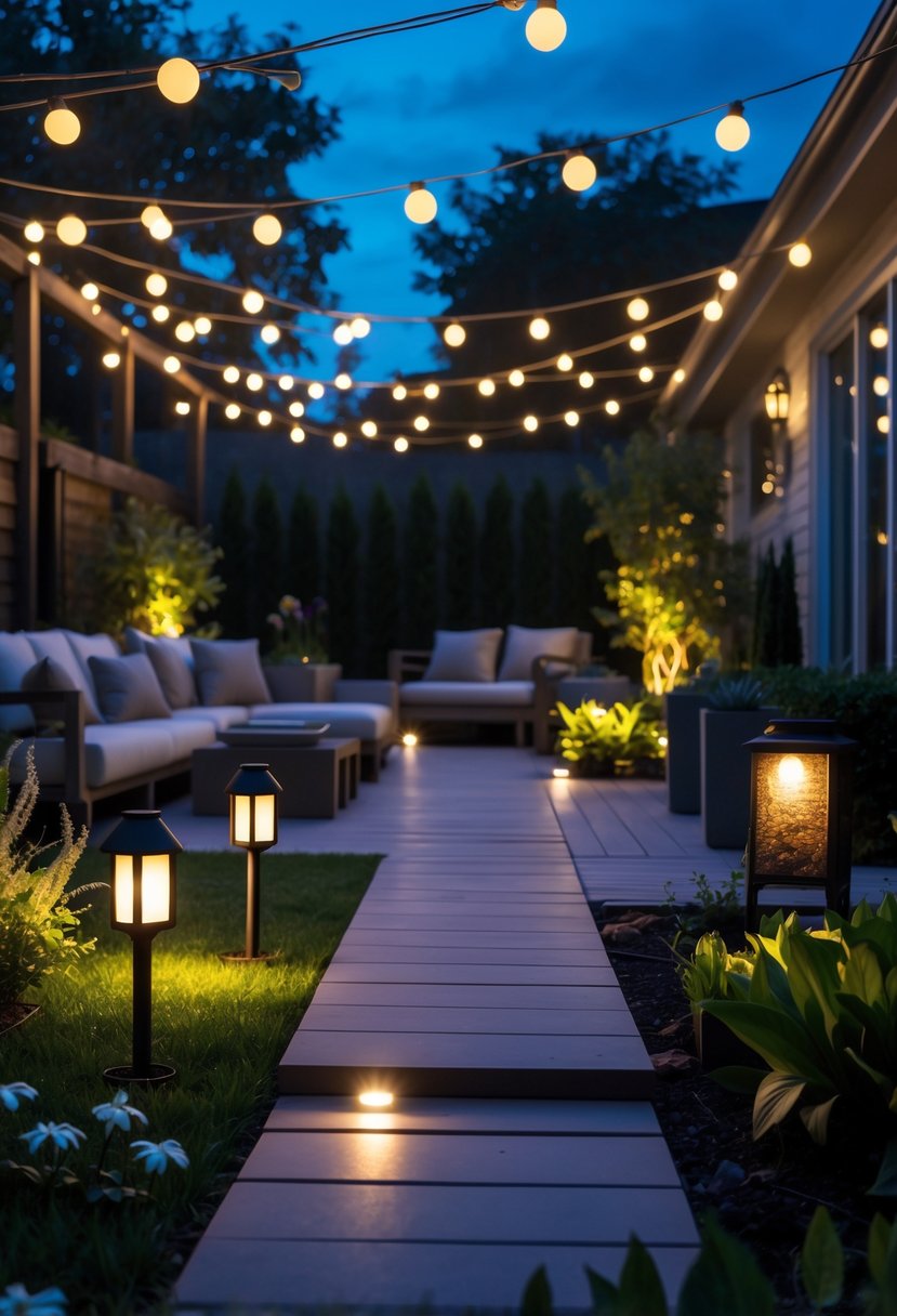 8 Budget-Friendly Backyard Lighting Hacks That Look Expensive 11 Backyard at dusk with warm string lights, solar lanterns, garden path lighting, and a cozy seating area surrounded by plants.