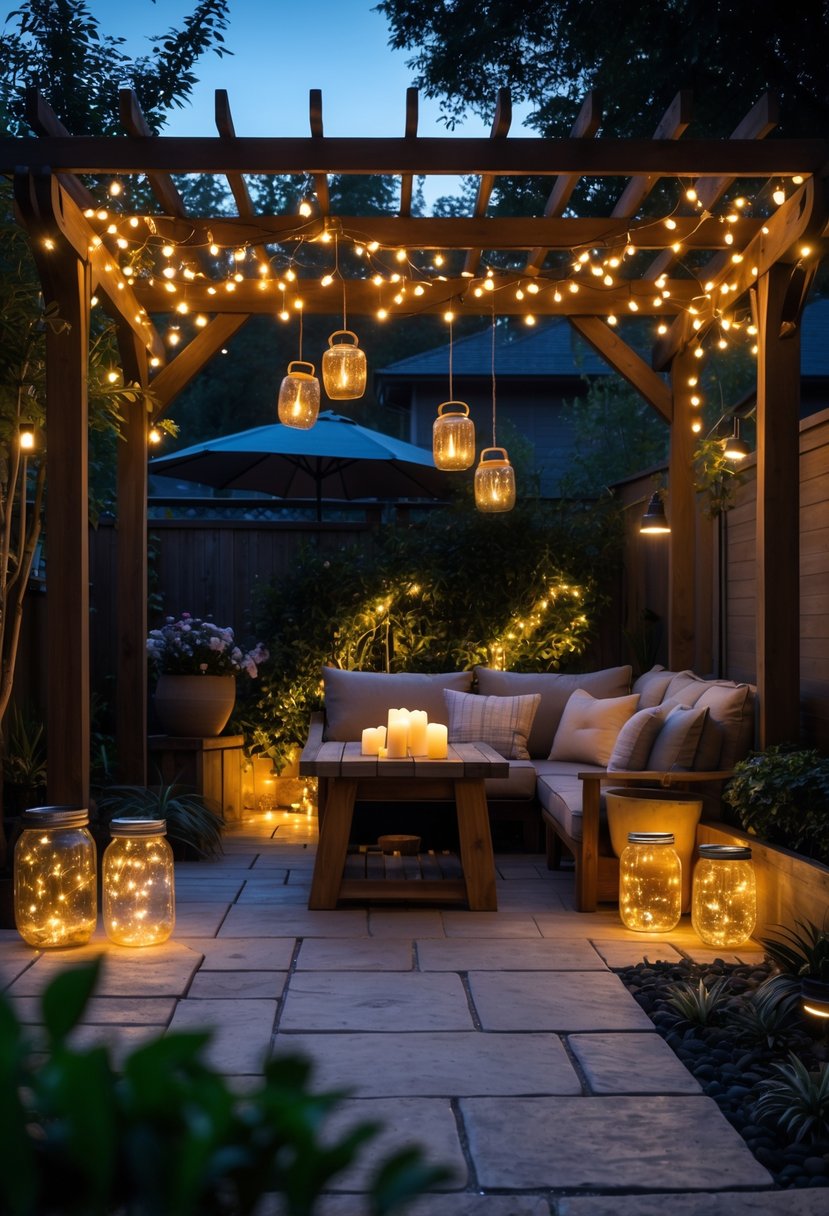 8 Budget-Friendly Backyard Lighting Hacks That Look Expensive 13 A backyard at dusk with various warm lights including string lights, lanterns, candles, and pathway lighting illuminating a cozy outdoor seating area surrounded by plants and trees.