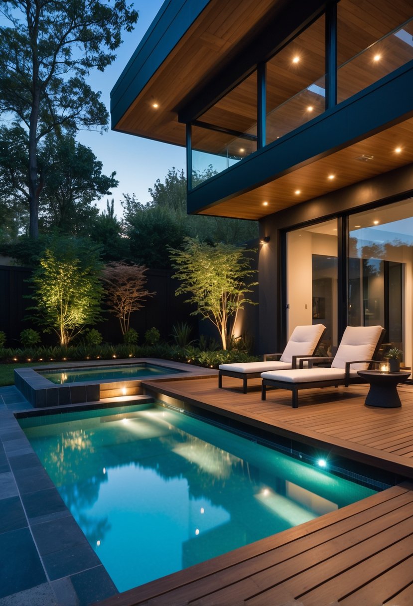 Stunning Backyard Transformations: Before & After That Inspire Creative Outdoor Makeovers 2 A backyard with a modern wooden deck surrounding a clear swimming pool, illuminated by soft lighting at dusk, with outdoor furniture and greenery in the background.