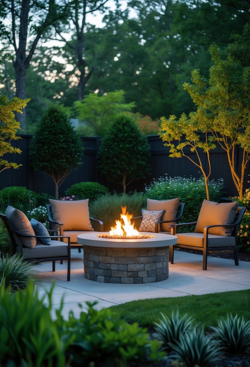 Stunning Backyard Transformations: Before & After That Inspire Creative Outdoor Makeovers 3 Cozy backyard fire pit seating area surrounded by green plants and trees.