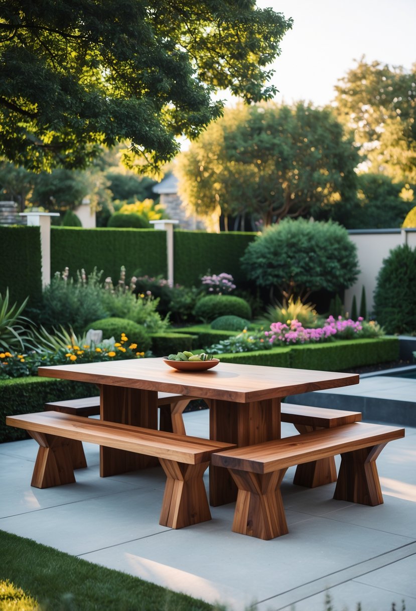 Stunning Backyard Transformations: Before & After That Inspire Creative Outdoor Makeovers 4 Spacious outdoor dining area with custom wooden benches and table in a landscaped backyard.