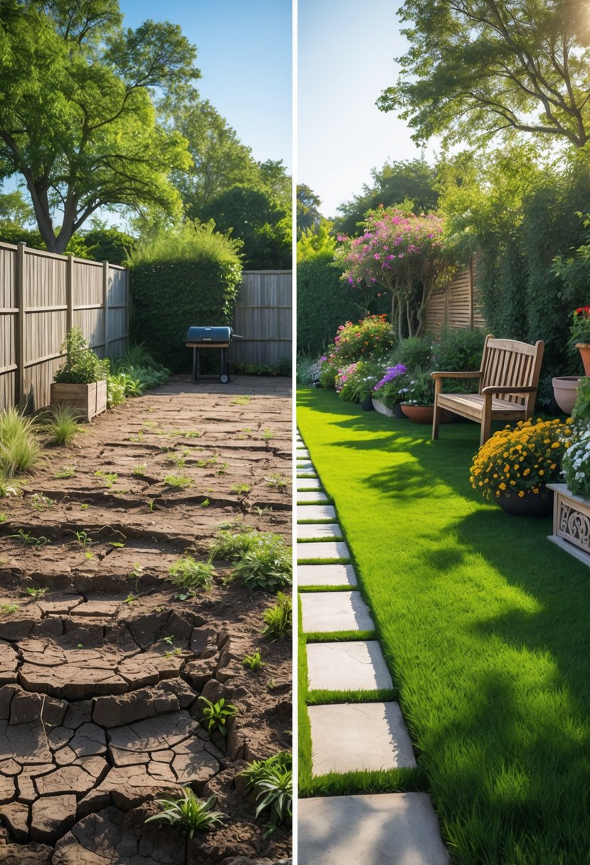 Stunning Backyard Transformations: Before & After That Inspire Creative Outdoor Makeovers 5 A backyard showing a side-by-side comparison of barren dry land and a vibrant garden with flowers, grass, and outdoor seating.