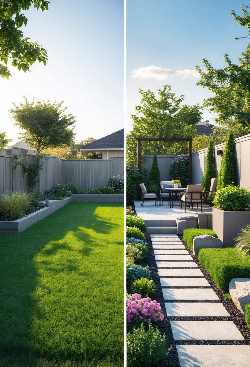Stunning Backyard Transformations: Before & After That Inspire Creative Outdoor Makeovers 6 A side-by-side view of a backyard before and after transformation, showing an ordinary yard and a beautifully redesigned outdoor space with plants, patio furniture, and a water feature.