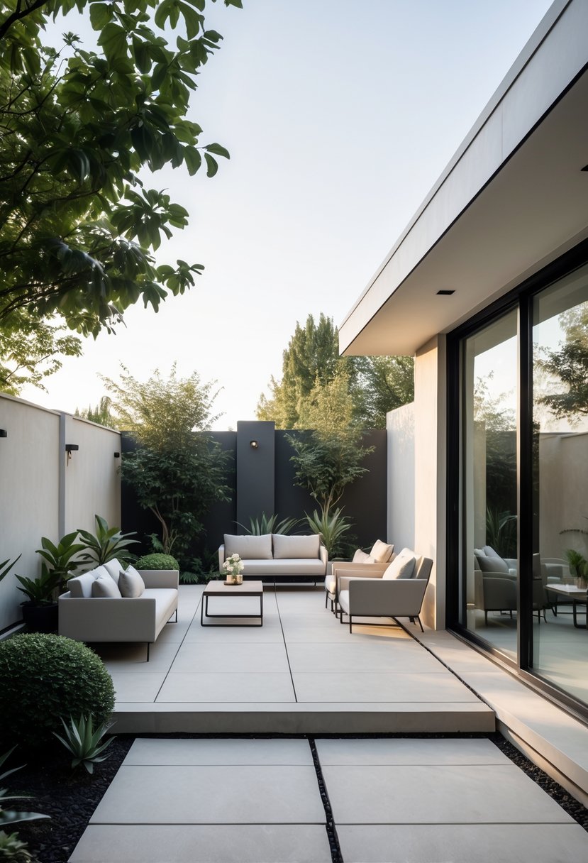 Stunning Backyard Transformations: Before & After That Inspire Creative Outdoor Makeovers 7 A backyard with a modern patio featuring minimalist furniture and greenery.