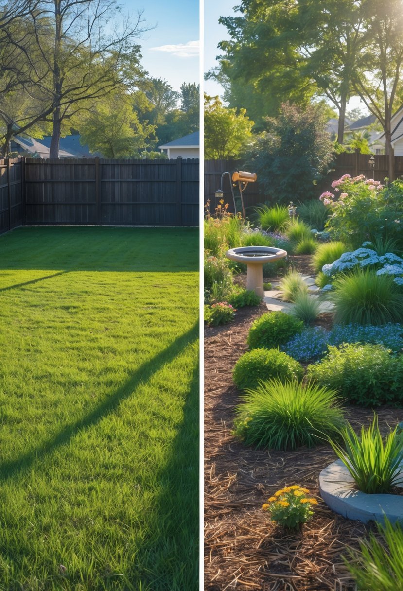 Stunning Backyard Transformations: Before & After That Inspire Creative Outdoor Makeovers 8 A backyard shown in two halves: one side is barren and plain, the other side is lush with native plants, flowers, and features supporting wildlife.