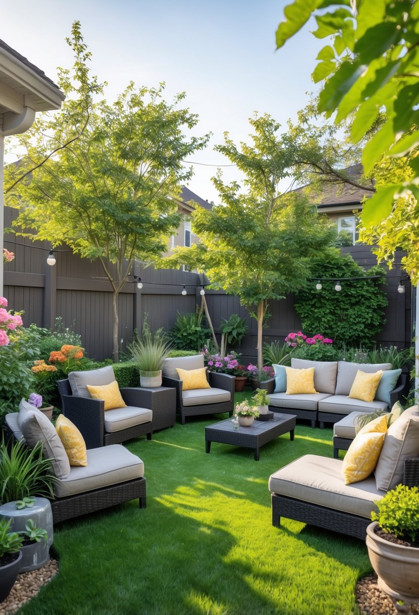 Stunning Backyard Transformations: Before & After That Inspire Creative Outdoor Makeovers 9 A backyard with several small seating areas featuring outdoor furniture surrounded by grass and plants.