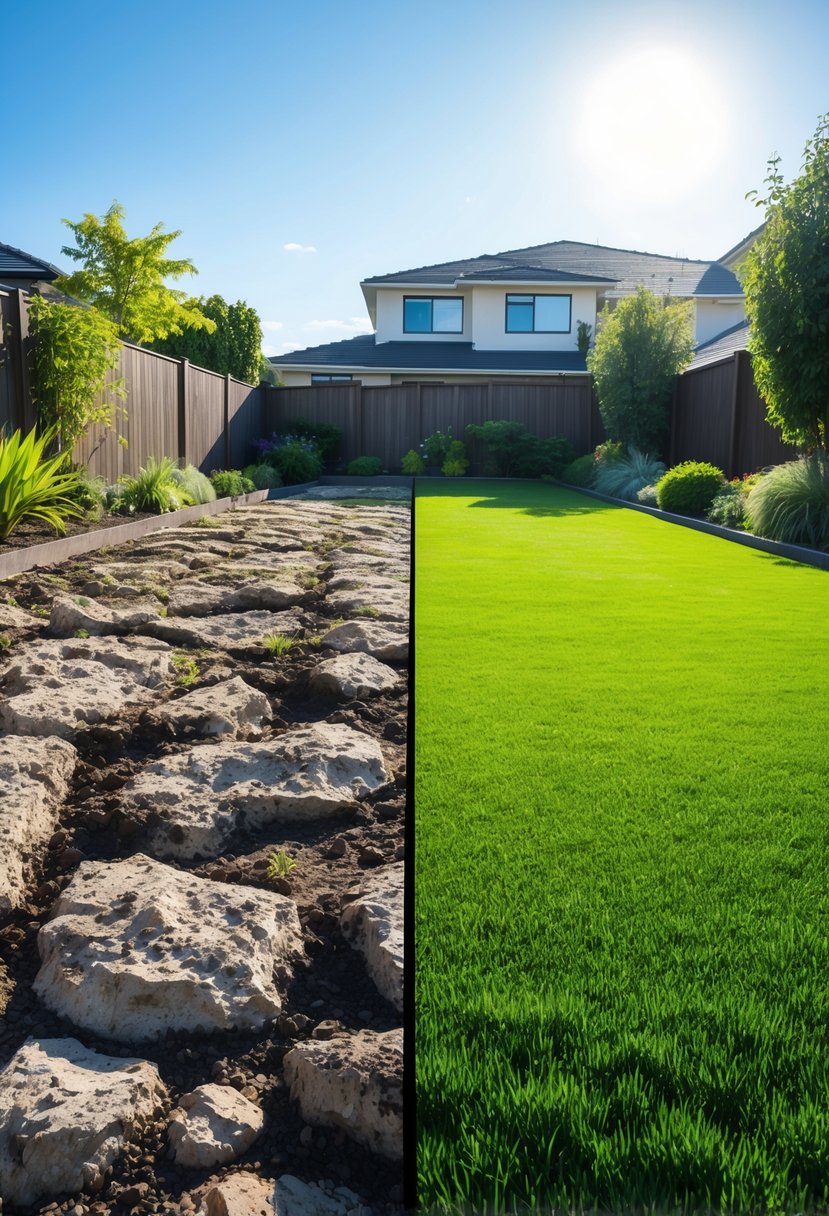 Stunning Backyard Transformations: Before & After That Inspire Creative Outdoor Makeovers 10 Side-by-side view of a backyard before and after transformation, showing uneven rocky ground on one side and a smooth green lawn on the other.