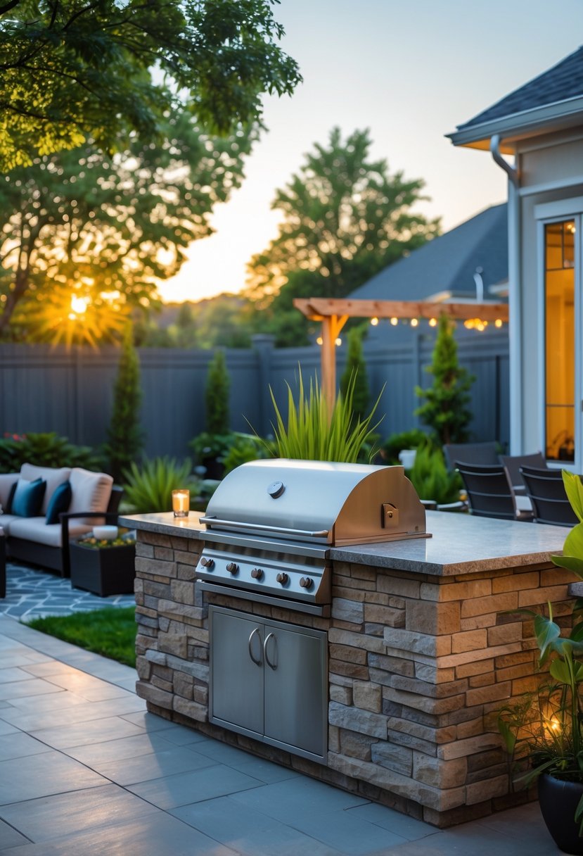Stunning Backyard Transformations: Before & After That Inspire Creative Outdoor Makeovers 11 A backyard with an outdoor kitchen featuring a built-in grill and stone countertop surrounded by plants and patio furniture.