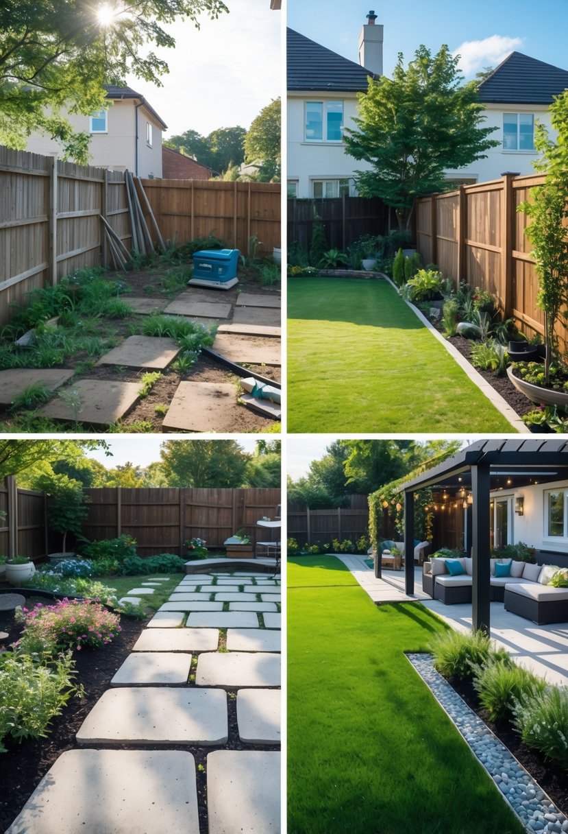 Stunning Backyard Transformations: Before & After That Inspire Creative Outdoor Makeovers 13 Split-screen image showing a backyard before renovation with overgrown weeds and clutter, and after renovation with a manicured lawn, patio seating, flower beds, and a pergola.