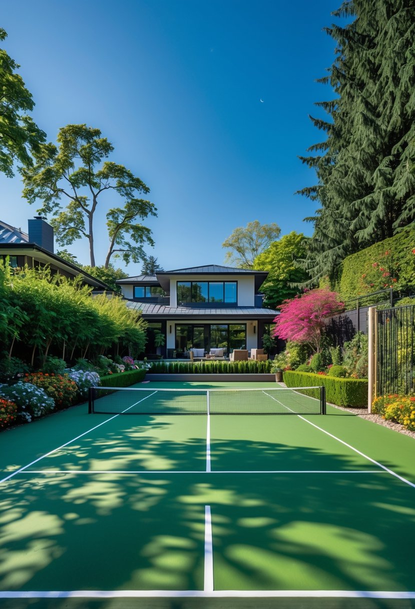 A private backyard with a green tennis court surrounded by trees, flowers, and a modern house in the background on a sunny day.