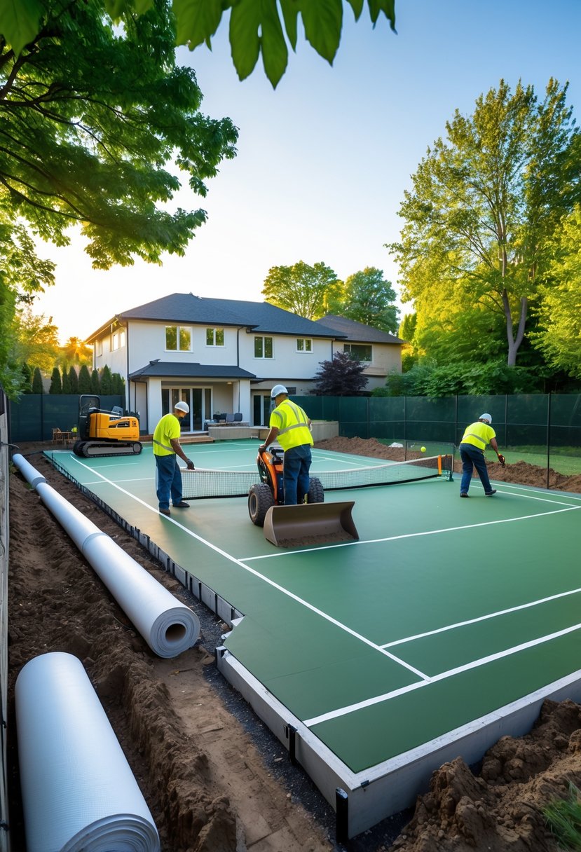 Workers building a private tennis court in a backyard with construction equipment and materials around.