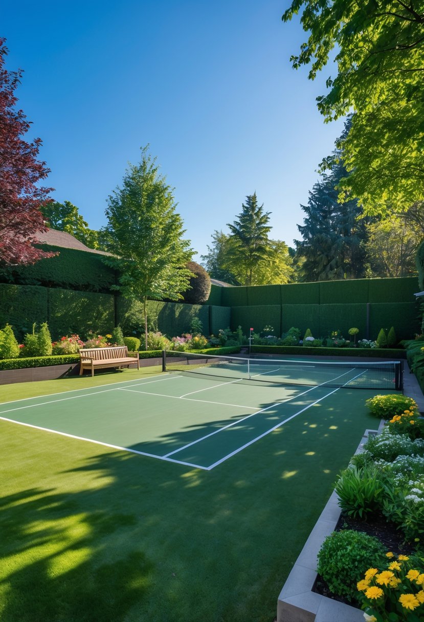 A private tennis court in a backyard surrounded by green grass, trees, and shrubs under a clear blue sky.