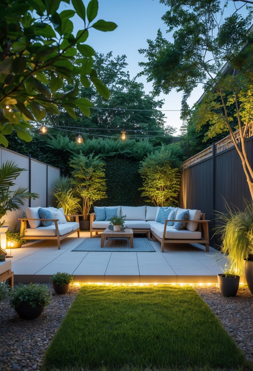 A clean and well-organized backyard patio with comfortable seating, plants, and clear pathways.