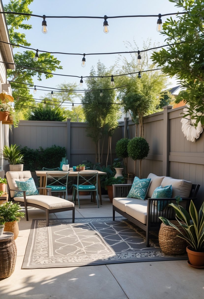 A backyard patio with mismatched and improperly sized outdoor furniture creating a cramped and cluttered space surrounded by plants and string lights.