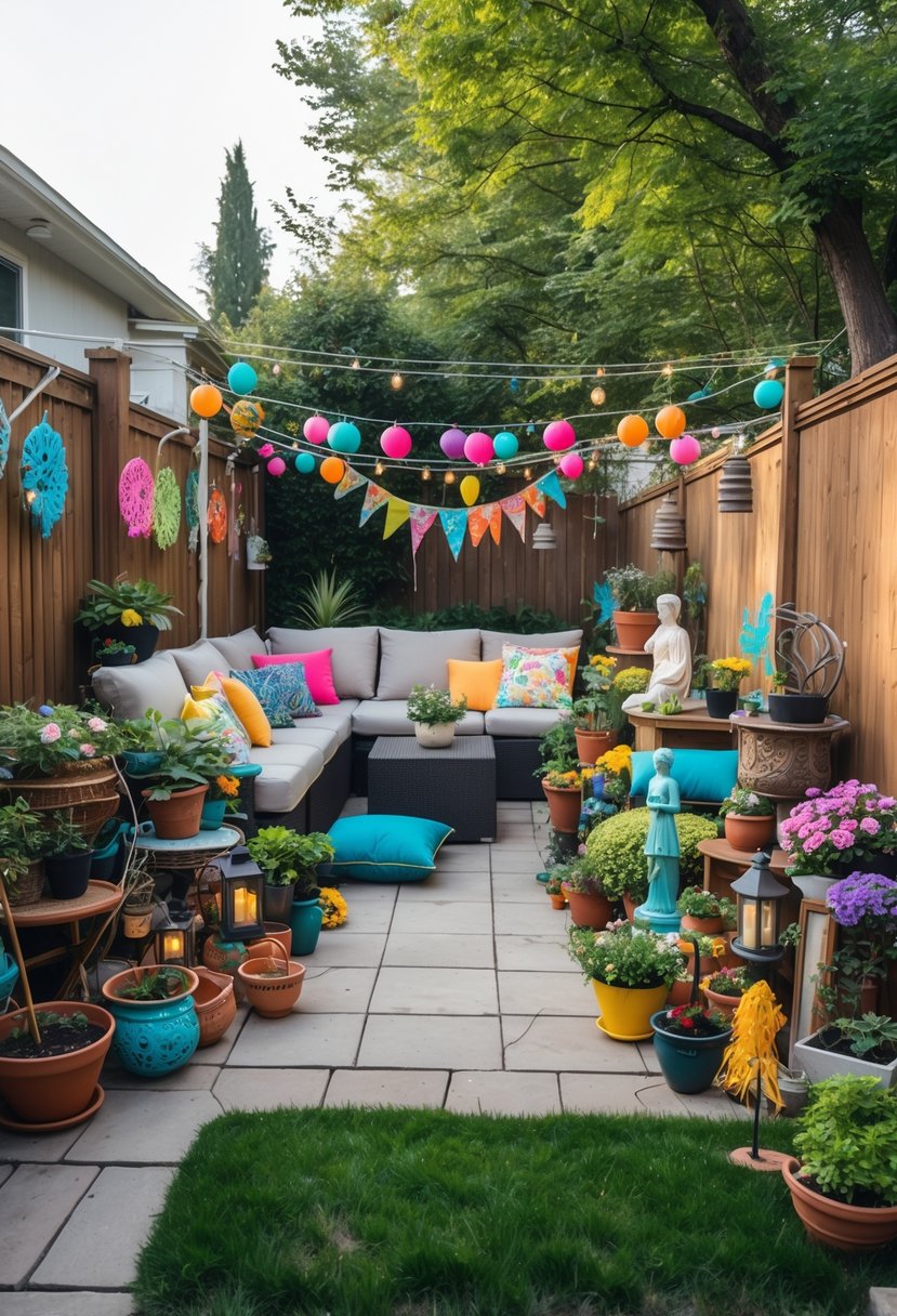 A backyard patio area overcrowded with many decorations like string lights, plants, statues, and cushions, creating a cluttered outdoor space.