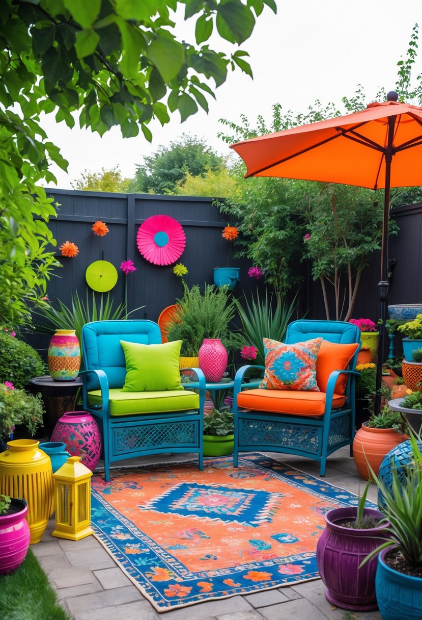 A backyard patio with outdoor furniture and decorations featuring clashing bright colors and mismatched patterns, creating a visually chaotic scene.