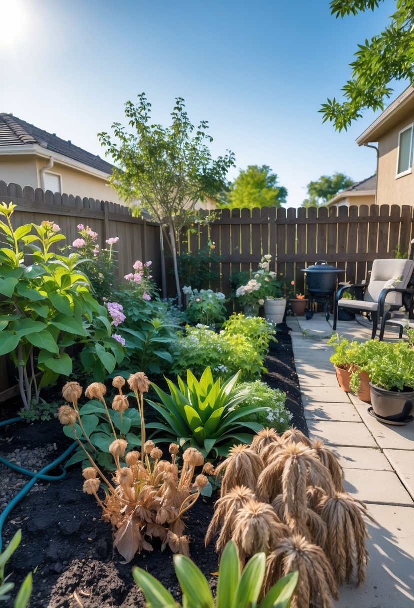 A backyard garden with some plants looking healthy and others wilted and dry under bright sunlight, showing a mix of thriving and struggling vegetation.
