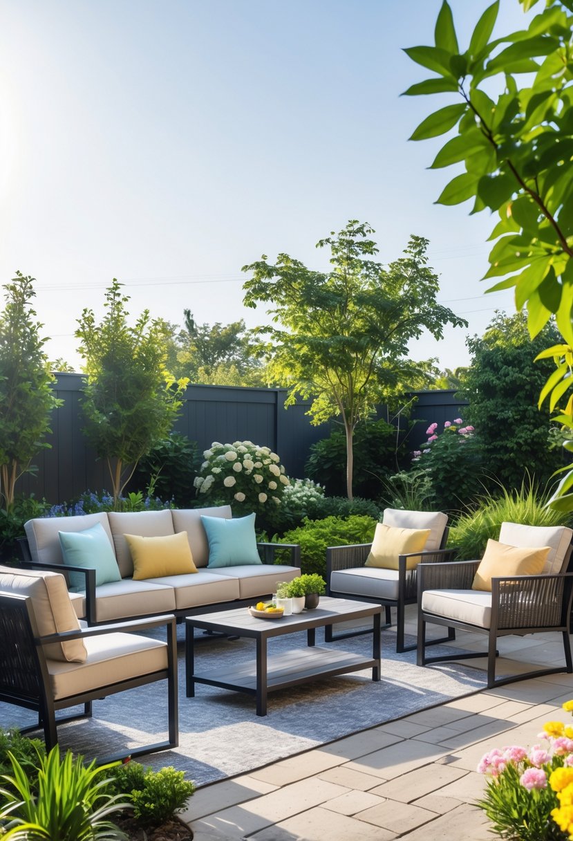 A backyard patio with weather-resistant outdoor furniture surrounded by plants and flowers under a clear sky.