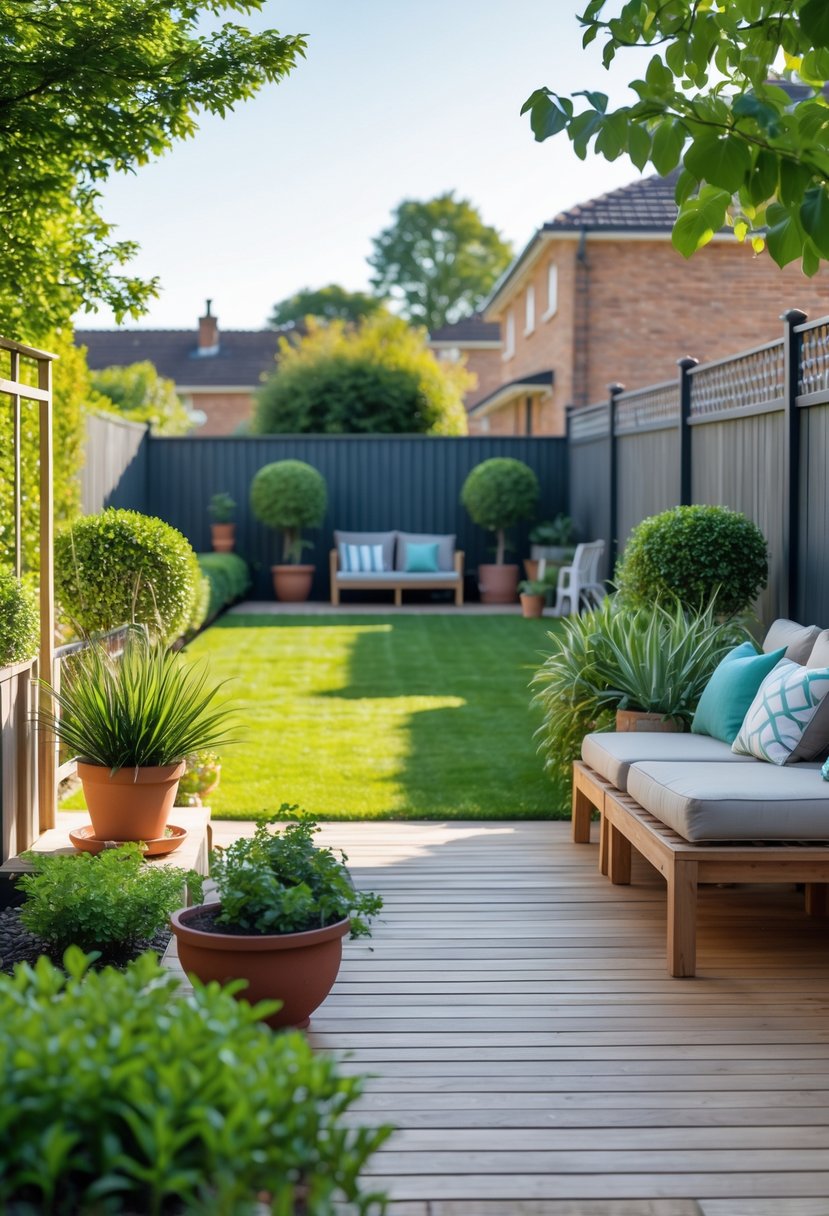 A clean and tidy backyard with a wooden deck, comfortable seating, potted plants, trimmed bushes, and a clear pathway.