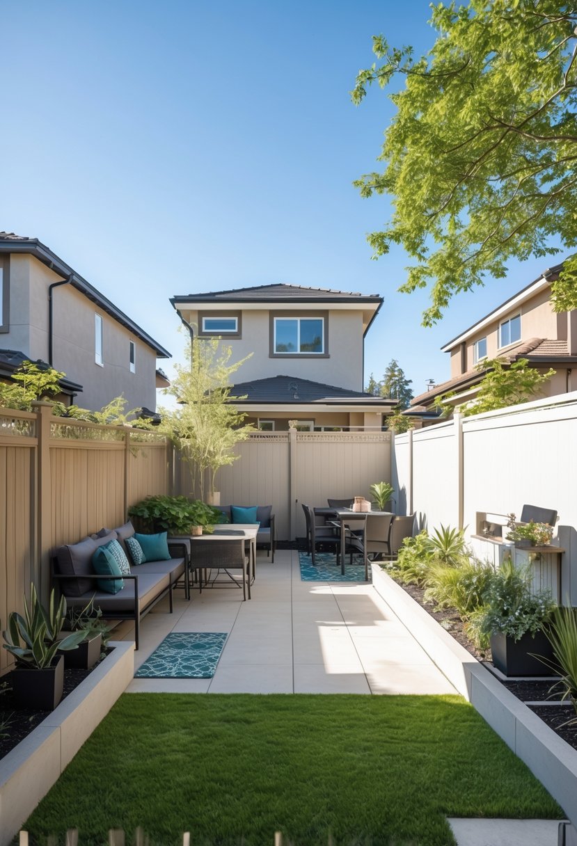 Backyard with low fencing and sparse plants showing limited privacy, cluttered outdoor furniture, and mismatched decorations.