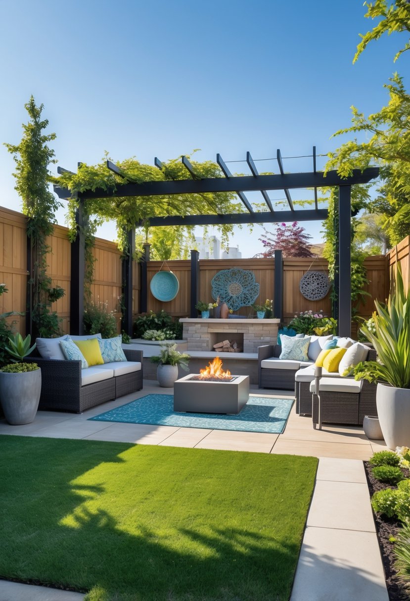 A well-designed backyard with a green lawn, patio furniture, potted plants, a pergola, and a fire pit area, all arranged neatly and invitingly.