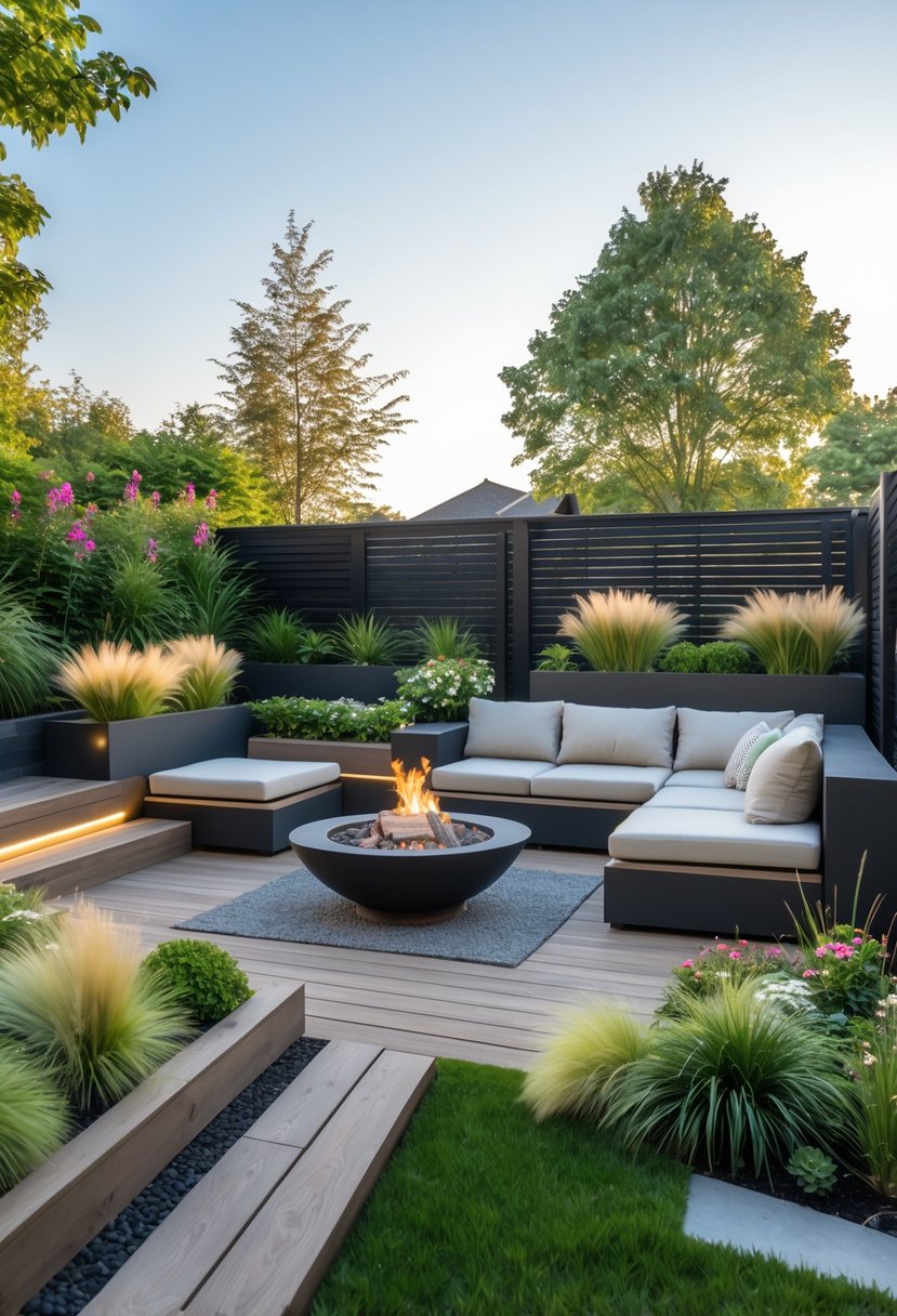 A modern backyard with a wooden deck, comfortable outdoor furniture, plants, and a fire pit under clear daylight.