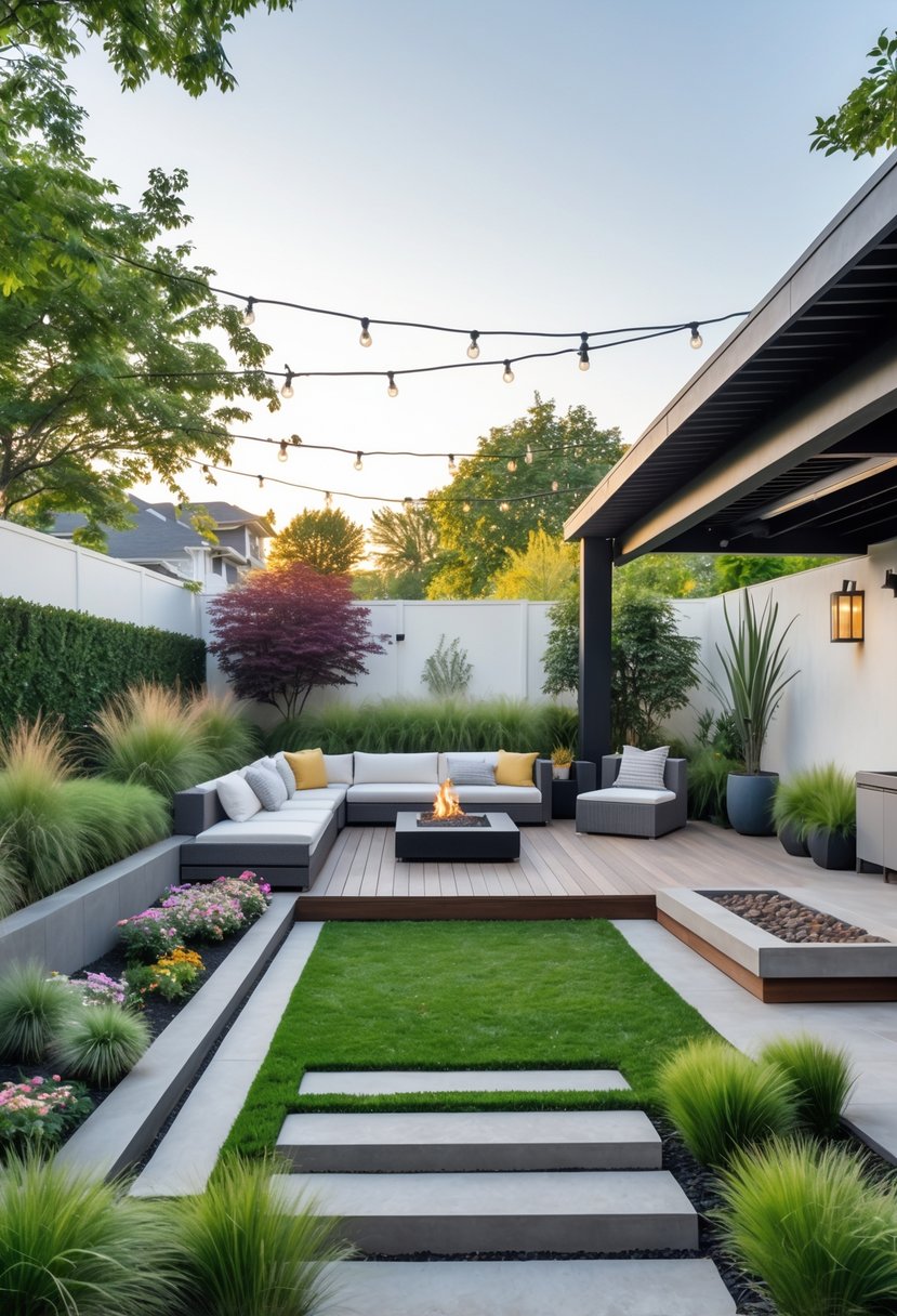 A modern backyard with a wooden deck, outdoor sofa, potted plants, pergola with string lights, a fire pit, and neatly arranged garden beds.