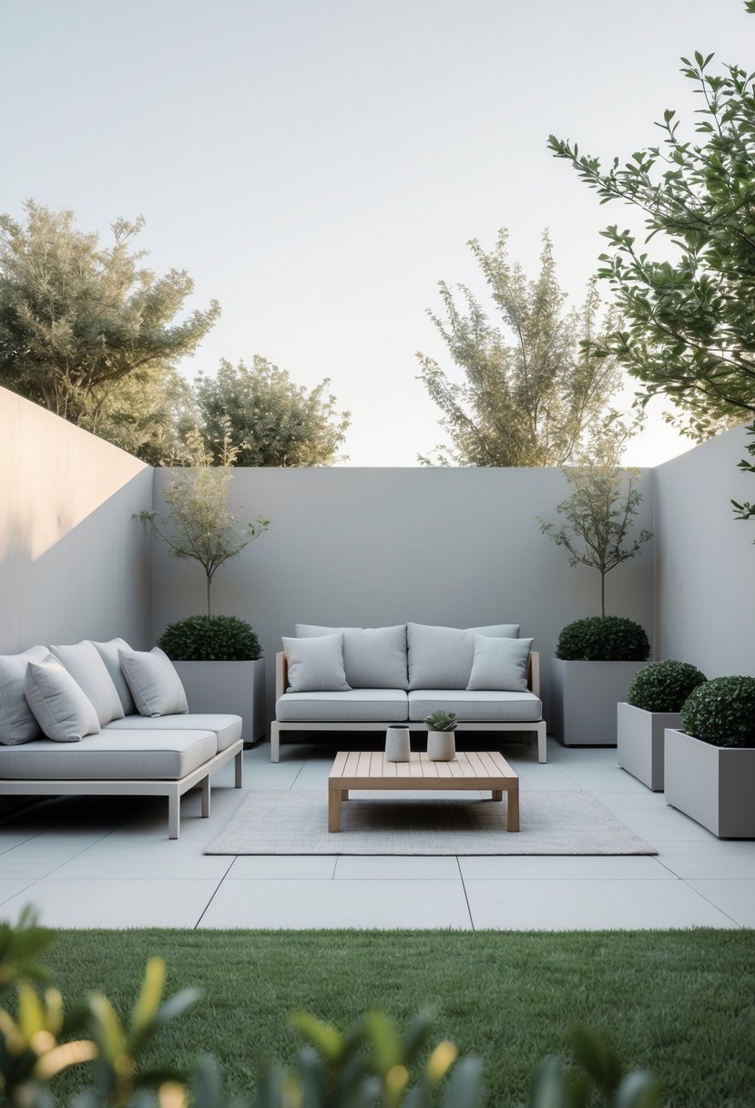 A backyard with neutral-colored outdoor furniture, a wooden table, and green plants under natural light.