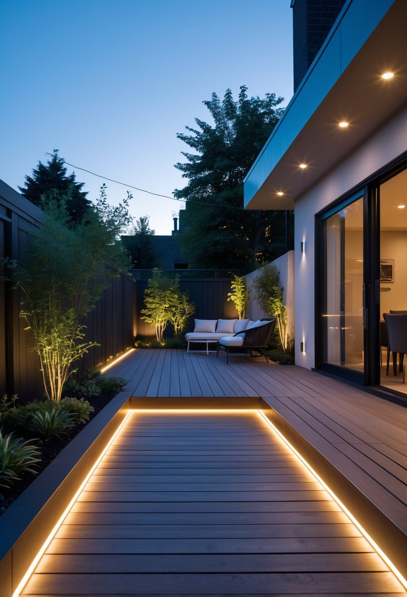 A backyard with LED strip lights illuminating wooden pathways and a deck surrounded by plants at dusk.