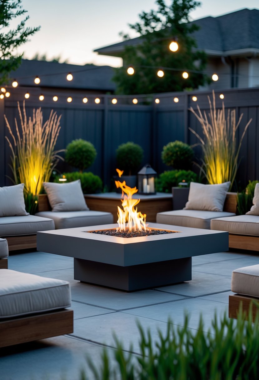 A backyard with a modern fire pit surrounded by outdoor seating and plants during early evening.