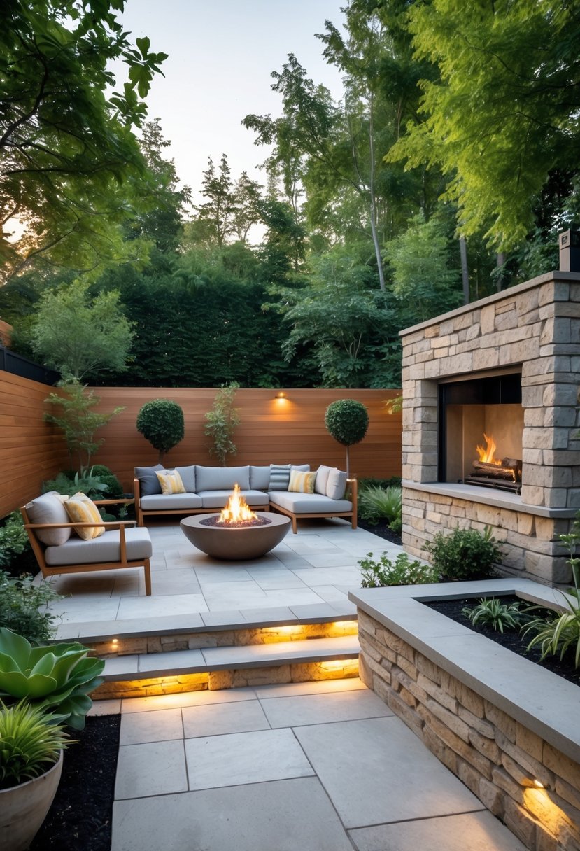 A backyard with wooden furniture on a stone patio surrounded by green plants and a stone fire pit.