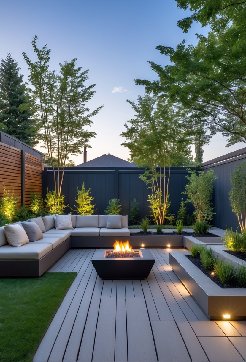 A modern backyard with outdoor furniture, green plants, a fire pit, and a wooden deck under clear daylight.