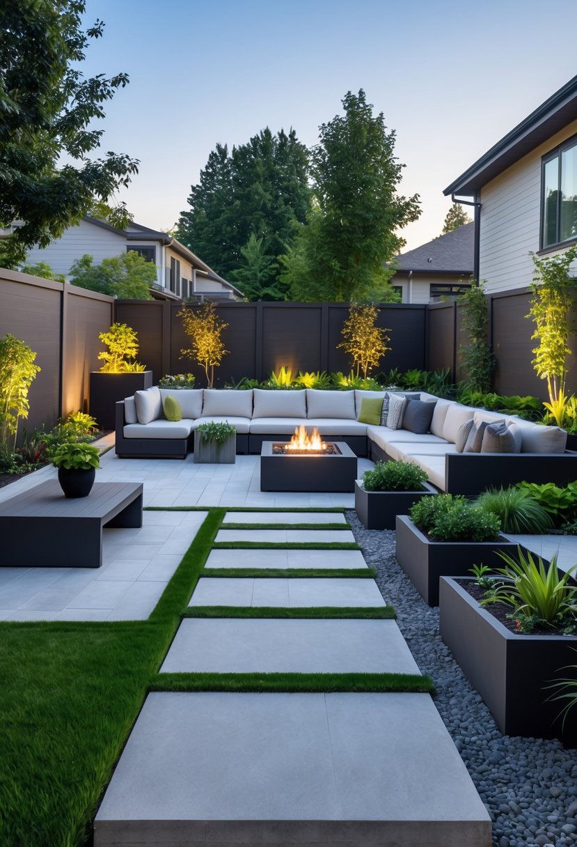 A modern backyard with a stone pathway, outdoor seating, fire pit, and greenery arranged to create an inviting and organized outdoor space.