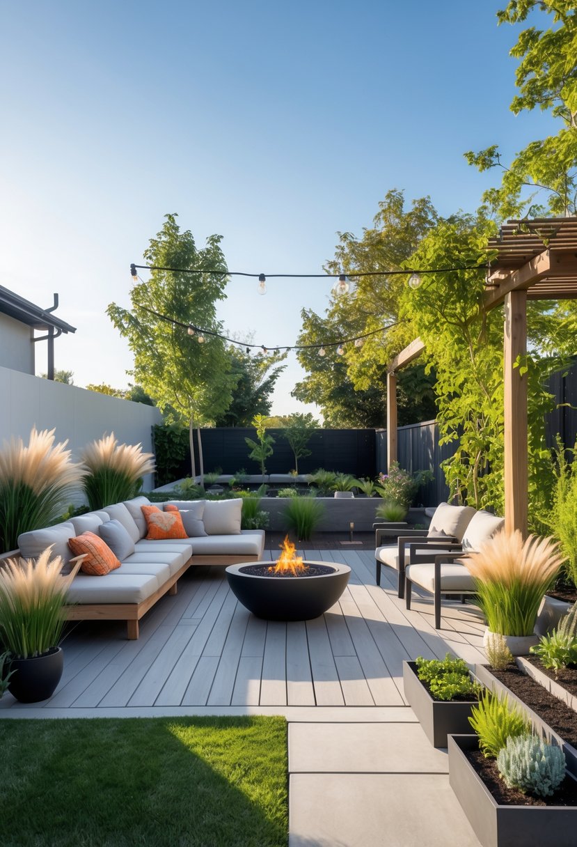 A modern backyard with outdoor furniture, potted plants, a fire pit, stone pathway, and a small vegetable garden under a clear sunny sky.