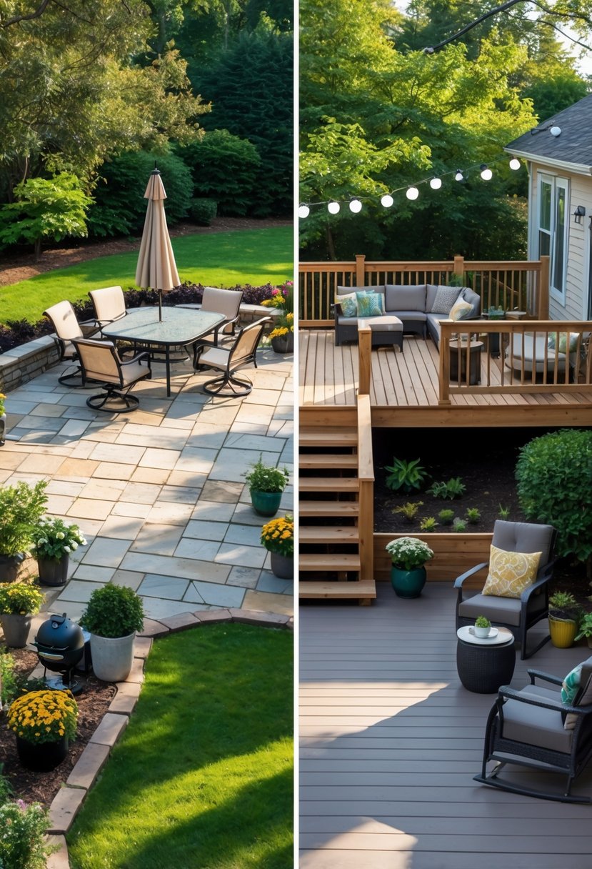 A backyard showing a stone tile patio with outdoor furniture on one side and a wooden elevated deck with seating and string lights on the other side.