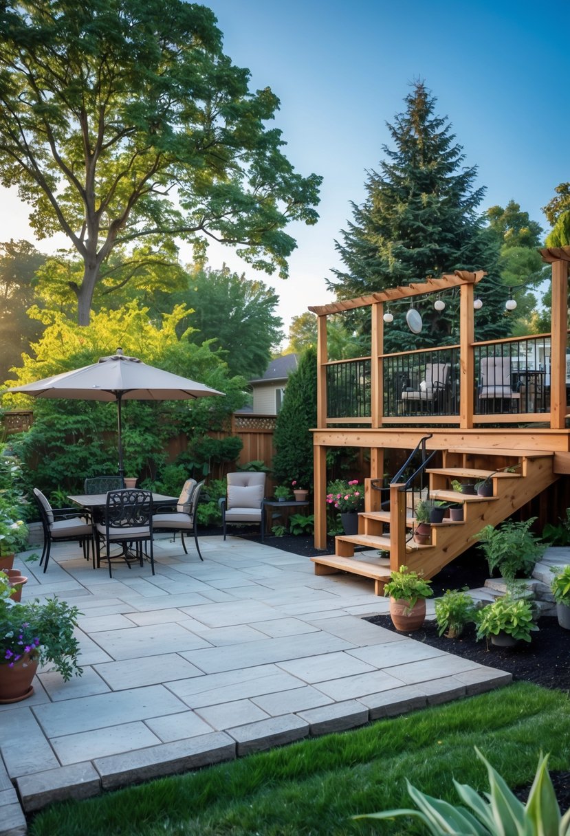 Backyard scene showing a stone patio with outdoor furniture next to an elevated wooden deck with lounge chairs and string lights.