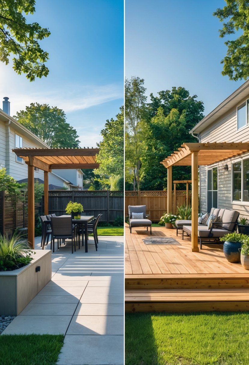 Split view of a backyard showing a stone patio with outdoor furniture on one side and a wooden deck with seating on the other side.