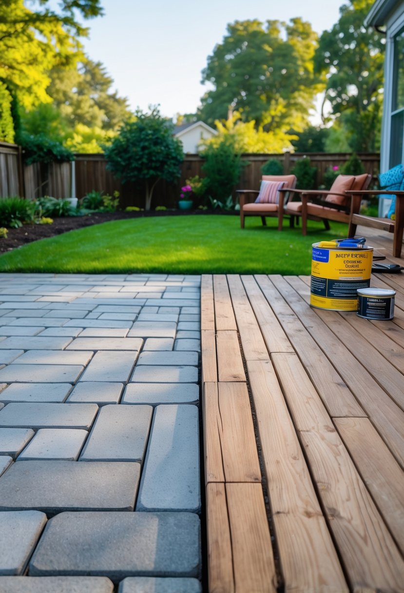 A backyard scene showing a stone patio on one side and a wooden deck on the other, with garden and outdoor furniture in the background.