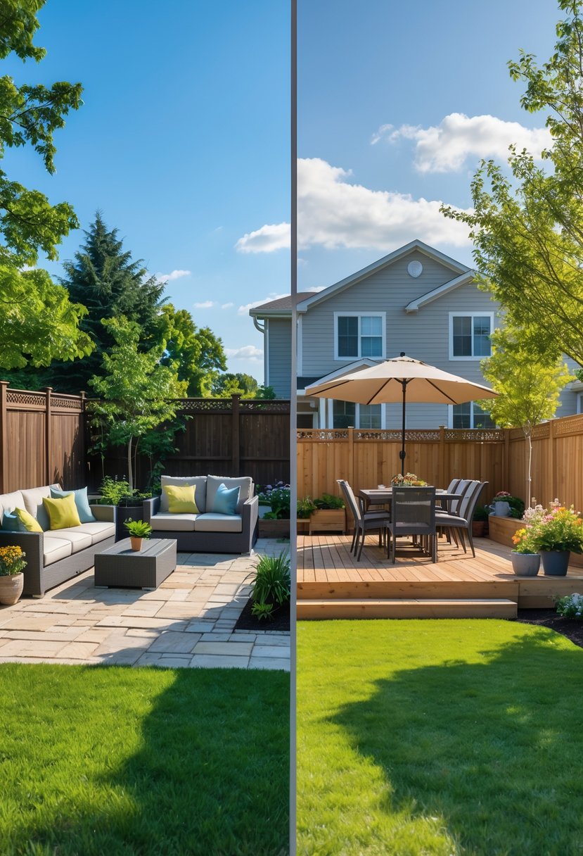 A backyard scene split into two halves showing a stone patio with outdoor furniture on one side and a wooden deck with dining furniture on the other side, both surrounded by green grass and plants.